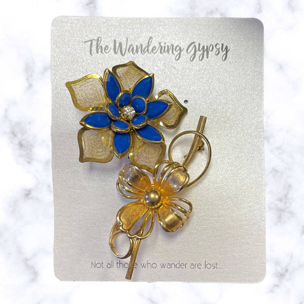 Blue and Gold Flower Brooch Pin