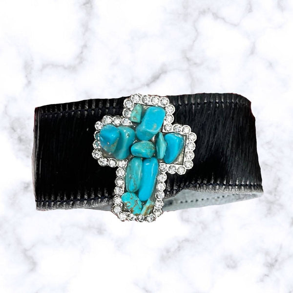 Turquoise Cross and Black Leather Cuff